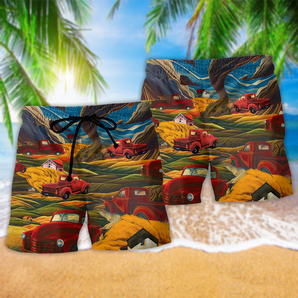 Car Red Playful Mountain Beach Shorts Print Detail For Relaxed Warm Weather Wear