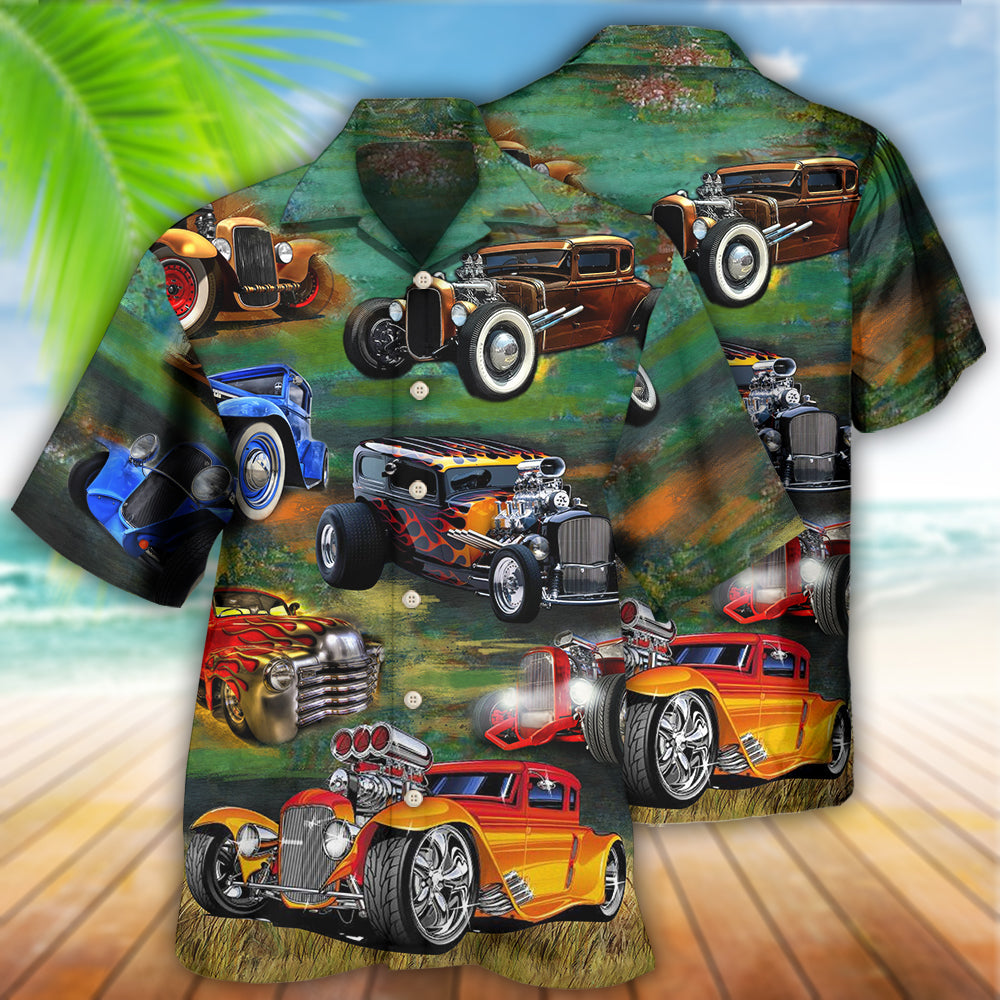 Vintage Gold Classic Car Hawaiian Shirt With All Over Print For Island Holidays Summer Parties And Casual Outdoor Wear