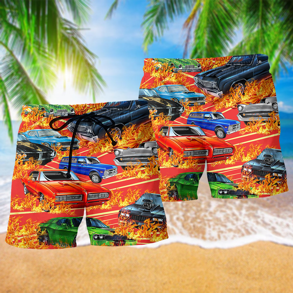 Car On Fire Bold Beach Shorts Pattern View For Relaxed Vacation Styling
