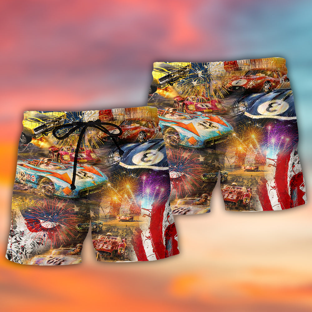 Independence Day Car Racing Beach Shorts Pattern Detail For Island Trips And Travel Ready Comfort