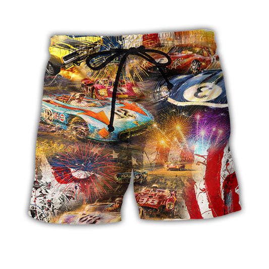 Independence Day Car Racing Beach Shorts For Coastal Adventures And Travel Ready Comfort