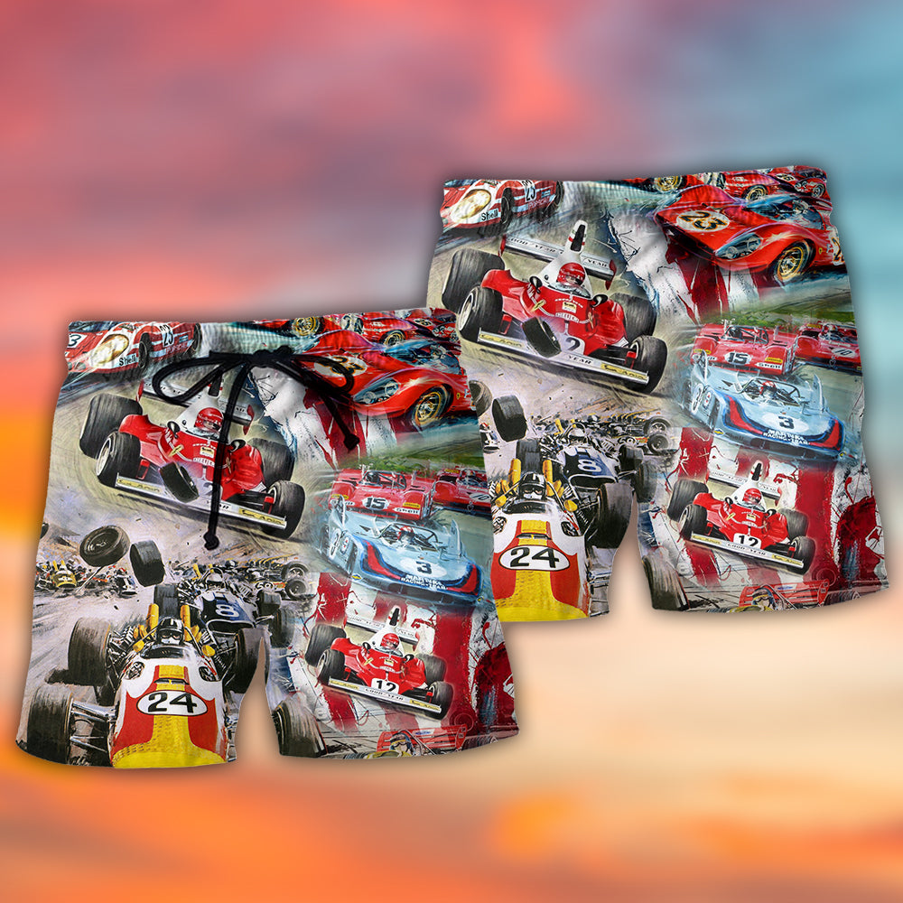 Car Racing Independence Day Celebration Beach Shorts Design View For Comfortable Resort And Beach Styling