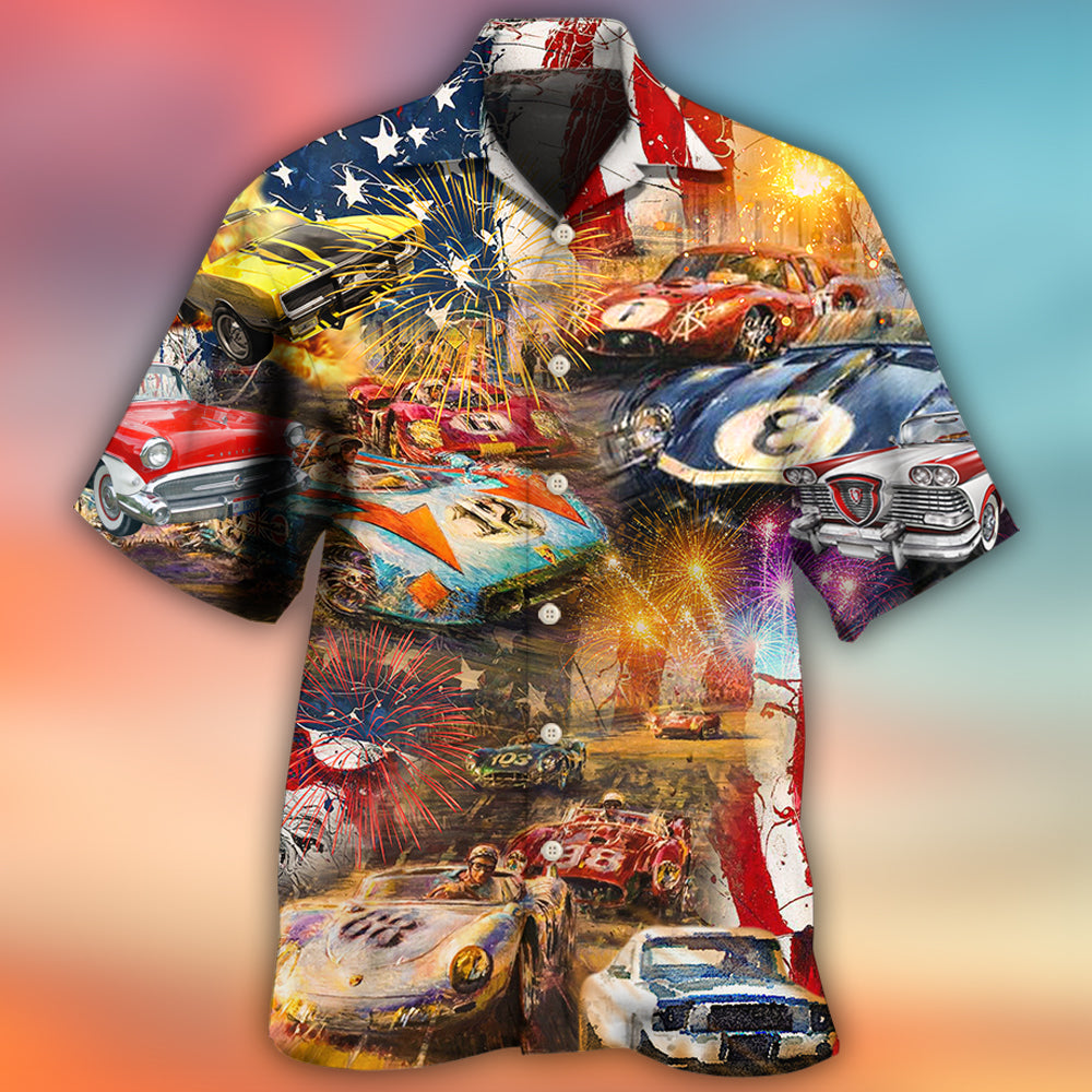 Car Racing Independence Day Hawaiian Shirt For Resort Getaways And Comfortable Summer Activities