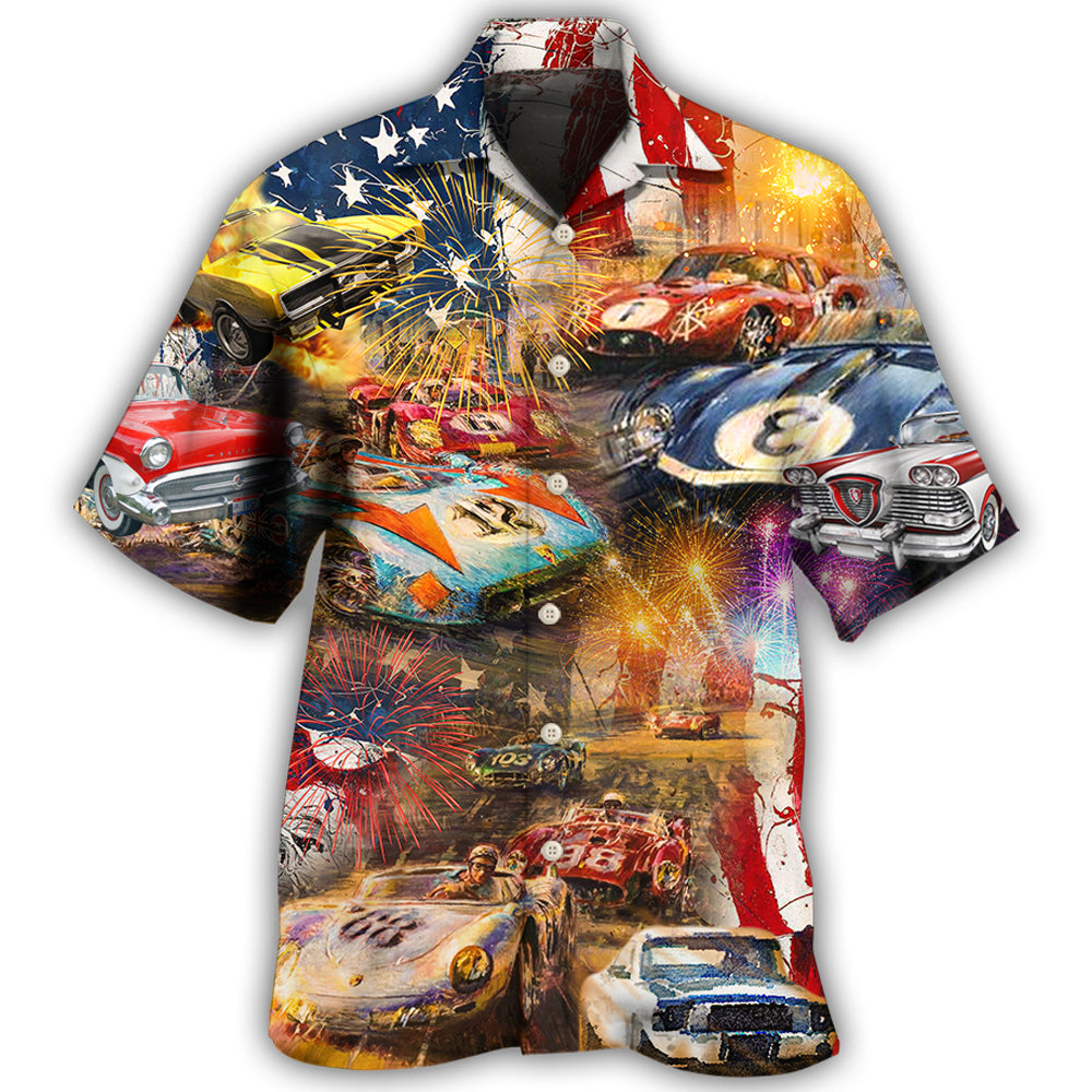 Patriotic Car Racing Independence Hawaiian Shirt For Resort Trips, Coastal Parties, And Warm Weather Style