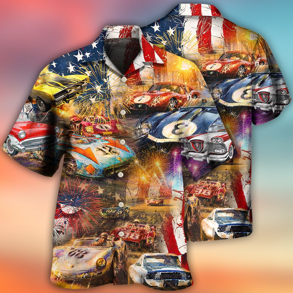 Car Racing Independence Day Hawaiian Shirt For Summer Vacation And Beach Travel