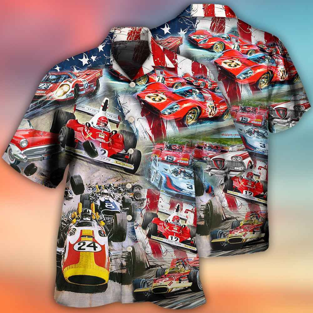 Car Racing Independence Day American Hawaiian Shirt Design View For Casual Summer Styling
