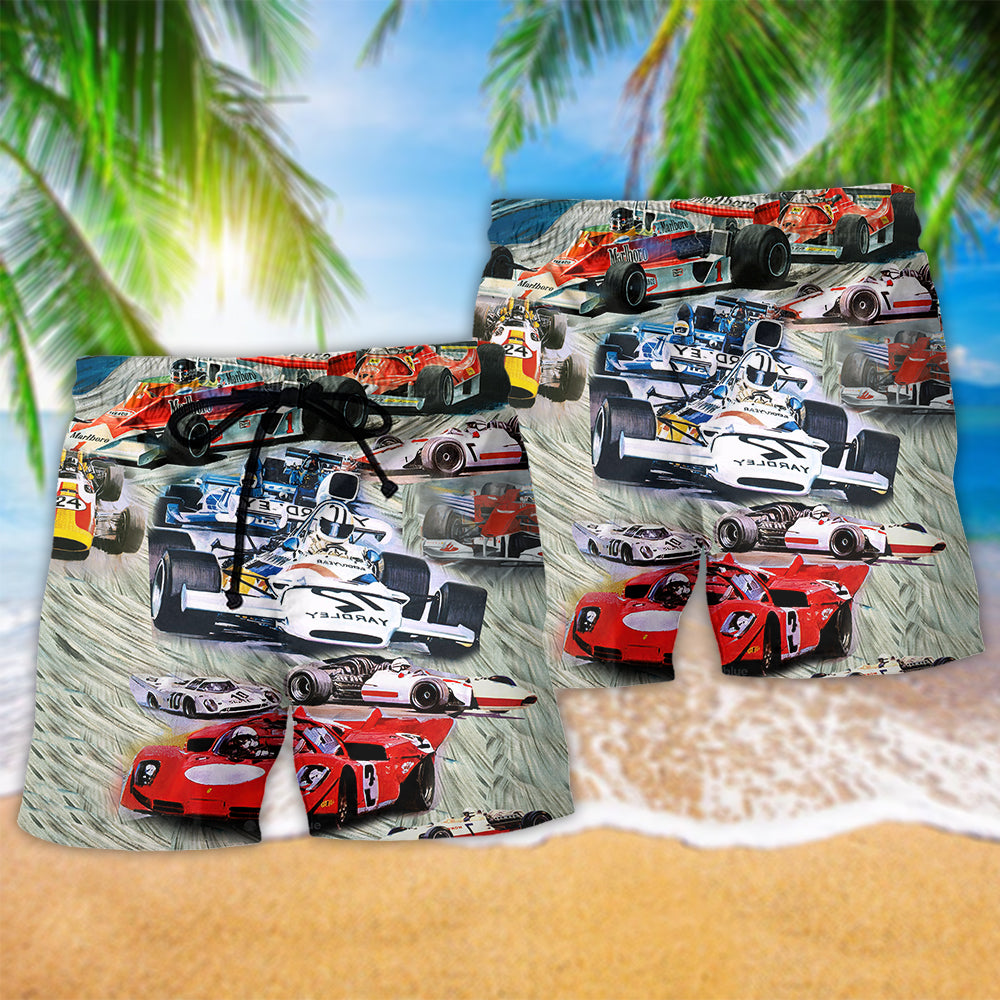 Car Racing Beach Shorts Pattern Detail For Vacation Style And Relaxed Casual Wear