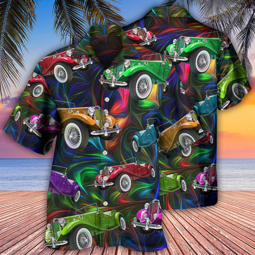 Retro Colorful Car Vibe Hawaiian Shirt Pattern Detail For Summer Holidays And Outdoor Fun