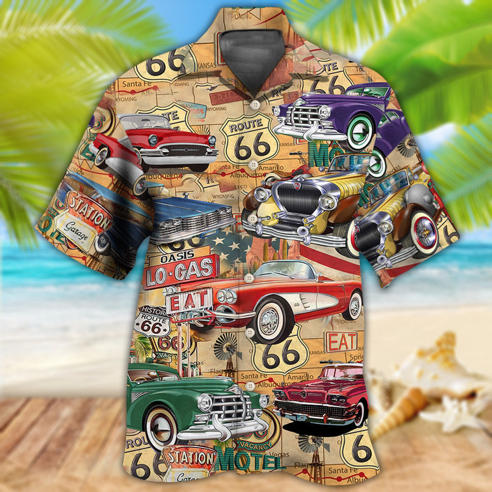 Vintage Historic Highway Car Hawaiian Shirt With All Over Print For Summer Events Coastal Travel And Comfortable Styling