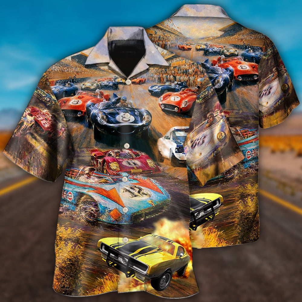 Racing Car Hawaiian Shirt With Detailed Graphic For Tropical Travel Beach Gatherings And Comfortable Wear