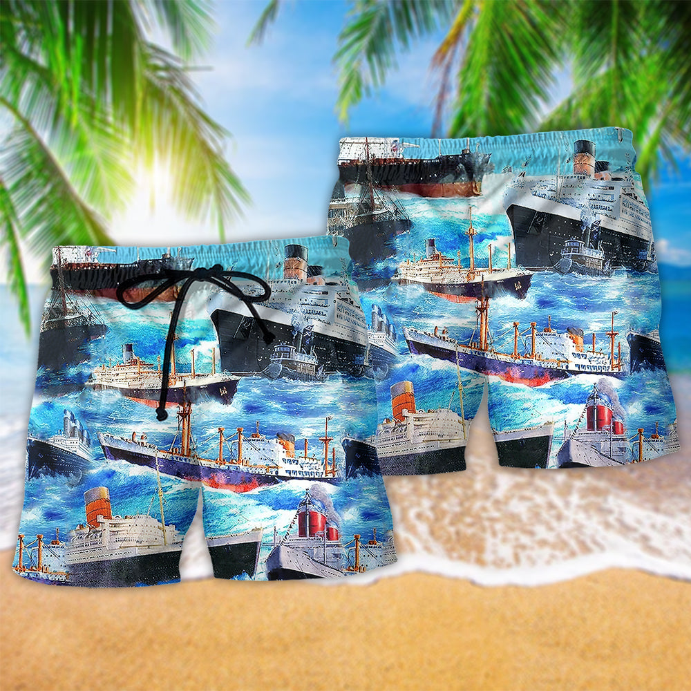 Cargo Ship Sailing Blue Sea Beach Shorts Pattern View For Resort Days And Outdoor Activities