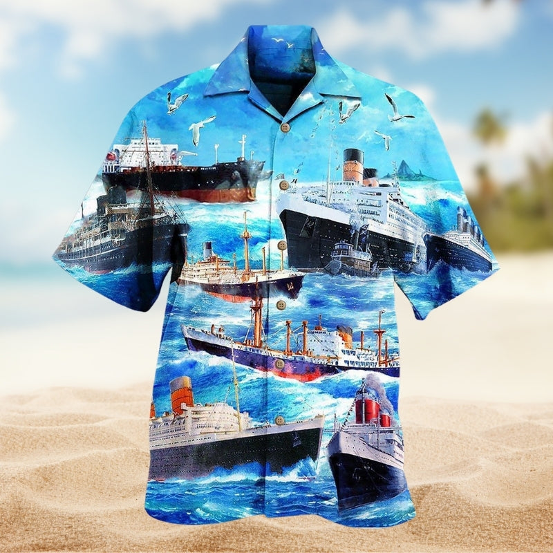 Cargo Ship Hawaiian Shirt For Coastal Travel, Casual Events, And Comfortable Summer Wear