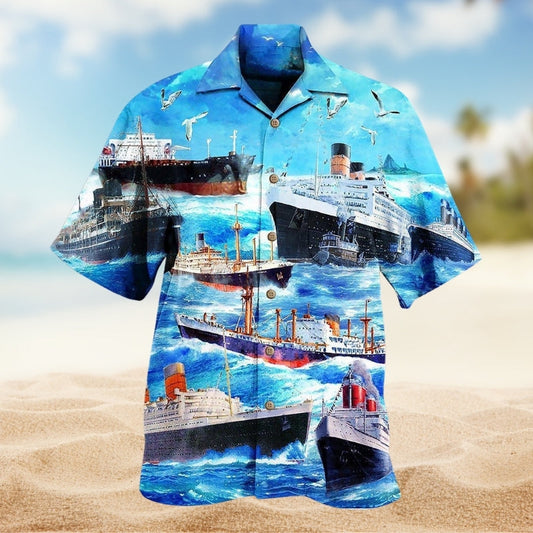Cargo Ship Hawaiian Shirt For Coastal Travel, Casual Events, And Comfortable Summer Wear