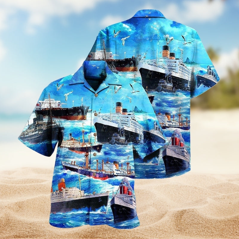 Cargo Ship Hawaiian Shirt For Coastal Travel, Casual Events, And Comfortable Summer Wear