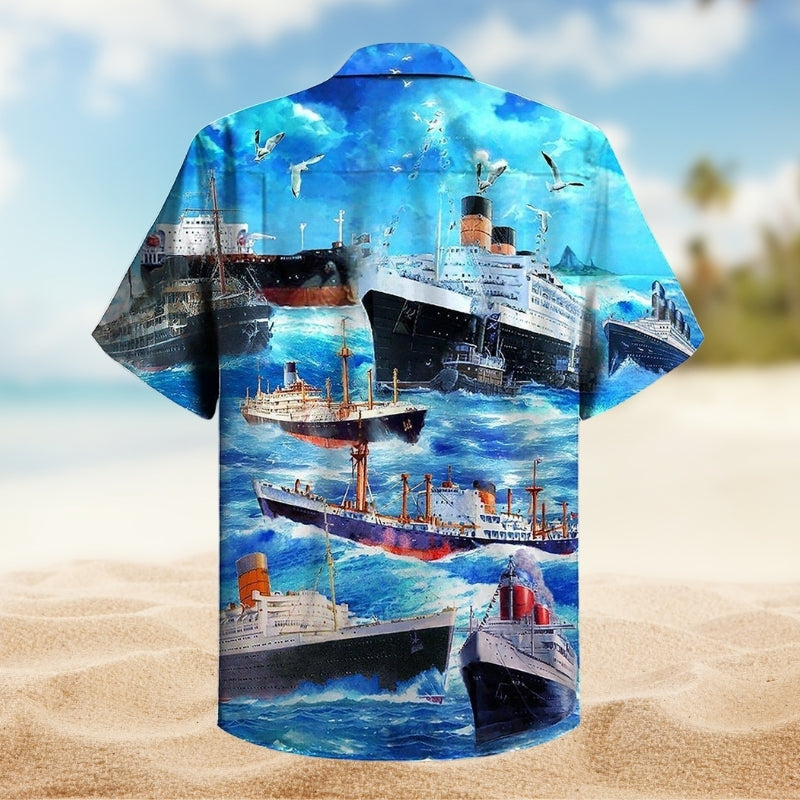 Cargo Ship Hawaiian Shirt For Coastal Travel, Casual Events, And Comfortable Summer Wear