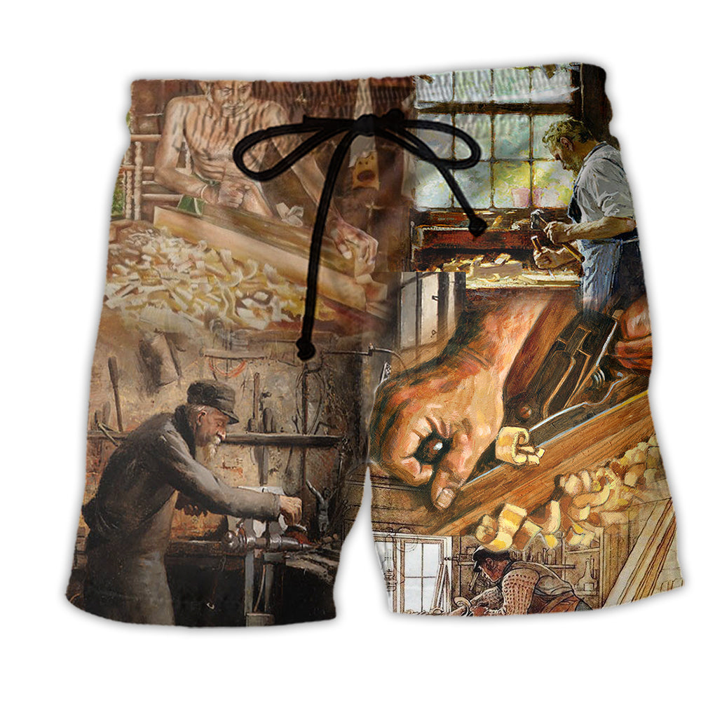 Carpenter Busy Work Tools Beach Shorts Artwork Detail For Casual Warm Weather Outfits