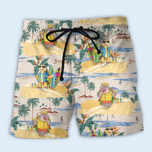 Cute Hippo And Turtle Tropical Cartoon Beach Shorts Design Detail For Weekend Getaways And Beach Days