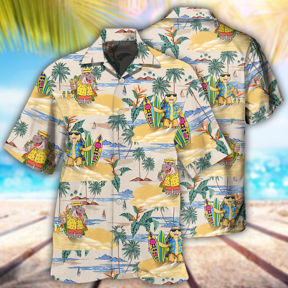 Tropical Turtle Cartoon Hippo Hawaiian Shirt Pattern Detail For Summer Holidays And Outdoor Fun