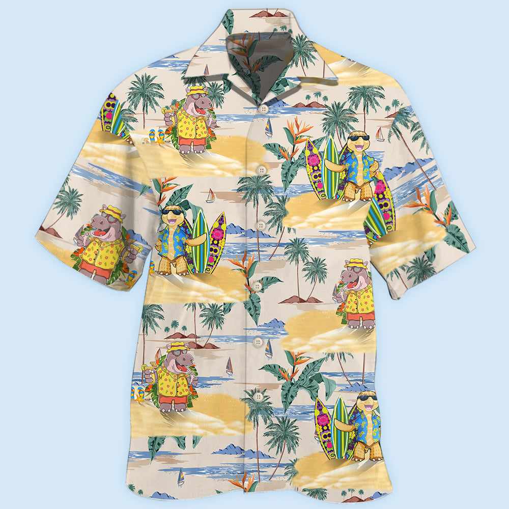 Tropical Hippo Turtle Cartoon Hawaiian Shirt For Coastal Travel, Casual Events, And Comfortable Summer Wear