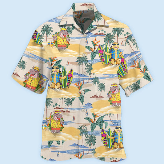 Tropical Hippo Turtle Cartoon Hawaiian Shirt For Coastal Travel, Casual Events, And Comfortable Summer Wear