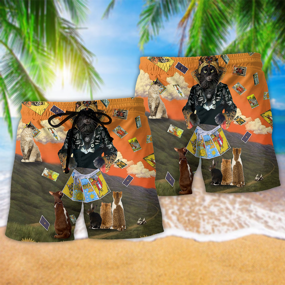 Cat Tarot Mystic Beach Shorts Pattern Detail For Poolside Fun And Comfortable Resort Style