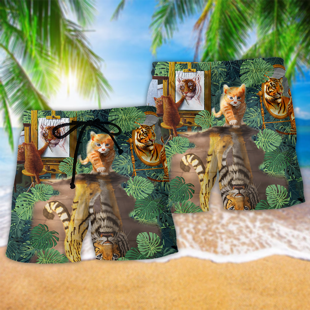 Cat Tiger Tropical Leaf Beach Shorts Pattern Detail For Island Trips And Weekend Casual Style