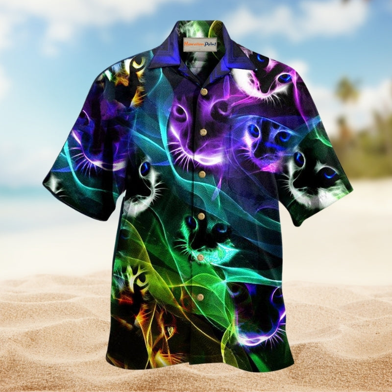 Cat Awesome Flash Neon Style Hawaiian Shirt For Summer Vacation Beach Travel And Relaxed Casual Wear