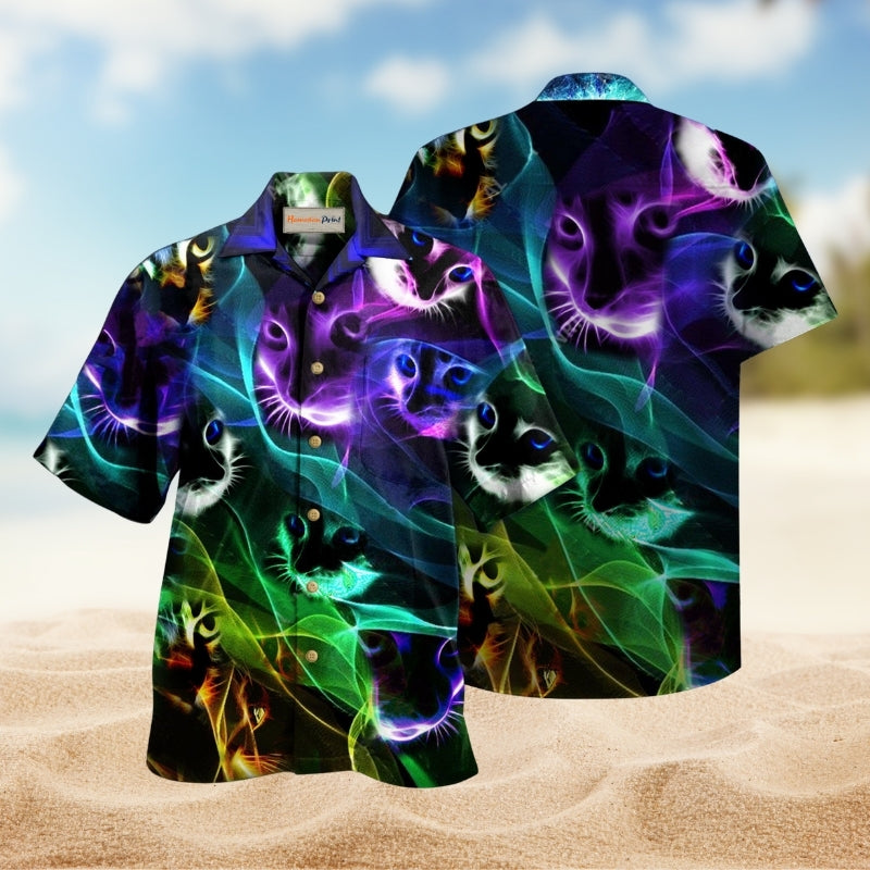 Cat Awesome Flash Neon Style Hawaiian Shirt For Summer Vacation Beach Travel And Relaxed Casual Wear