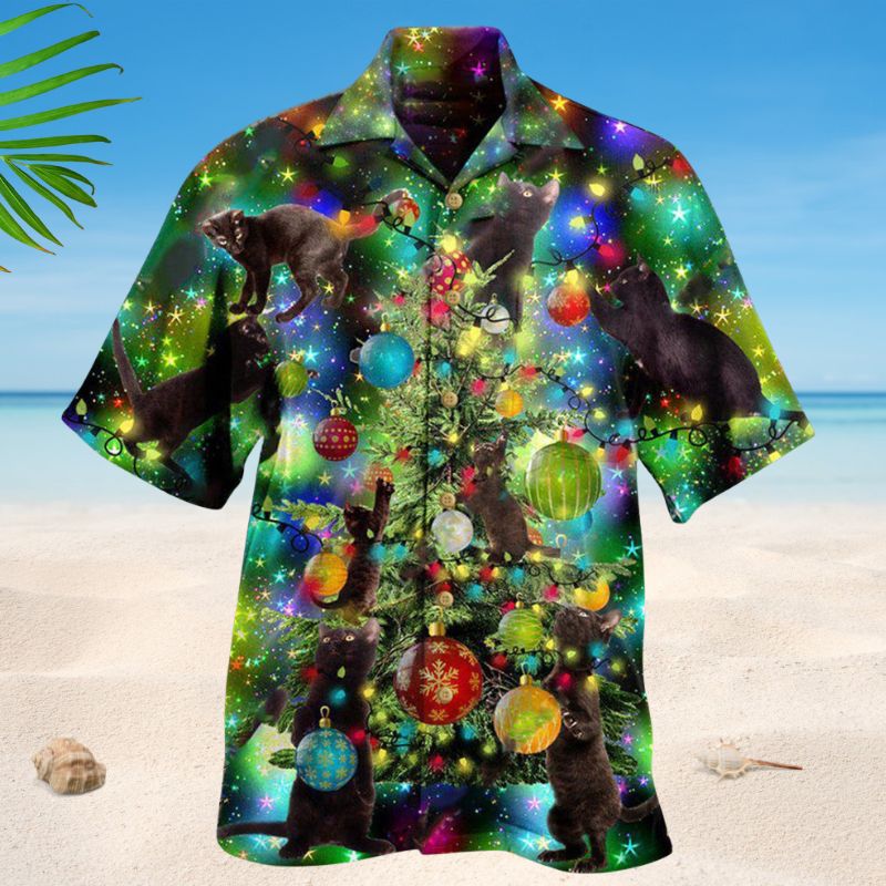 Glowing Cat Christmas Hawaiian Shirt For Summer Gatherings Island Travel And Comfortable Casual Wear