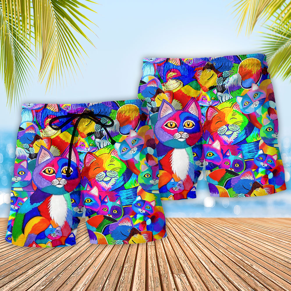 Colorful Rainbow Cat Beach Shorts Pattern Detail For Weekend Travel And Thoughtful Gift Giving