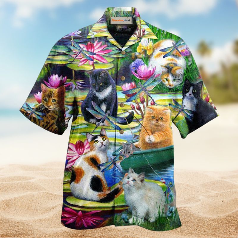 Cat Curious Water Lily Hawaiian Shirt For Nature Fans, Resort Trips, And Comfortable Warm Weather Wear
