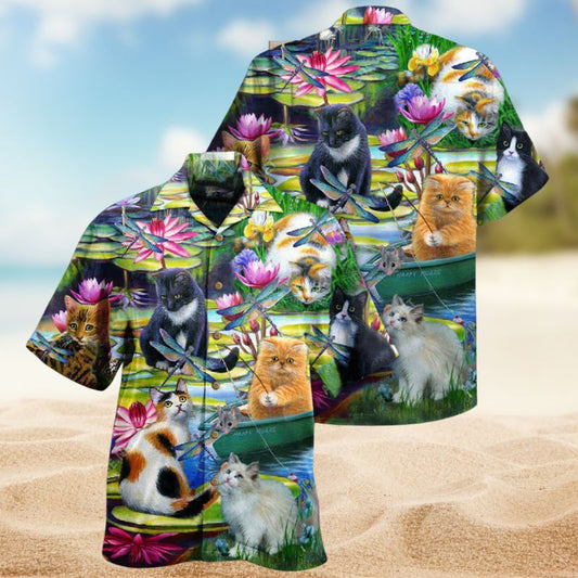 Cat Curious Water Lily Hawaiian Shirt For Nature Fans, Resort Trips, And Comfortable Warm Weather Wear