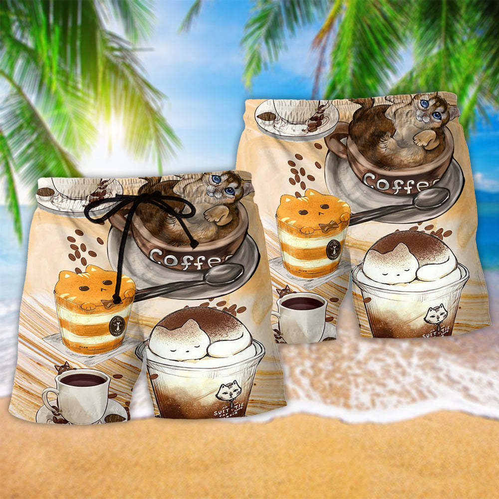 Cat Coffee Cup Beach Shorts Pattern Detail For Poolside Fun And Travel Ready Comfort