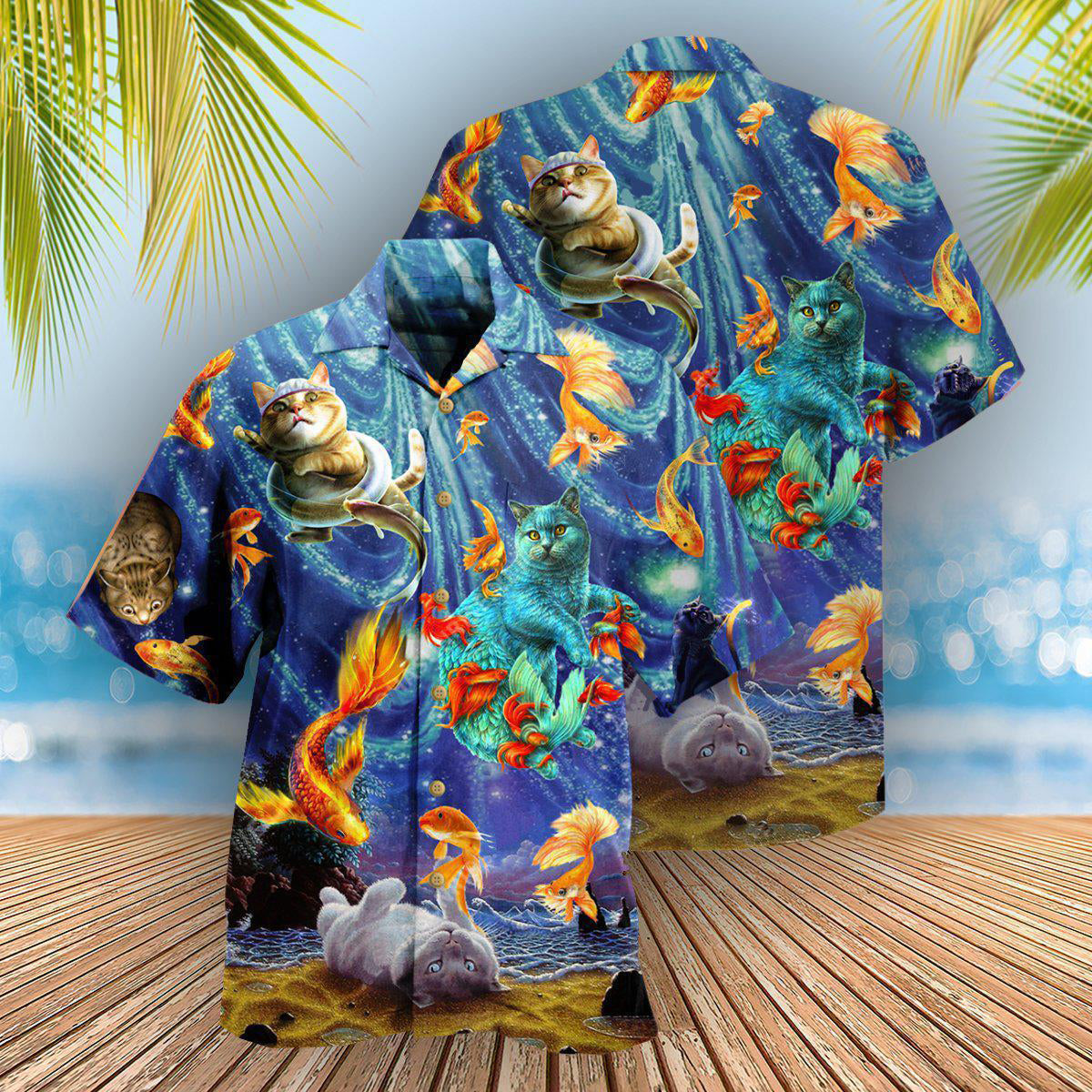 Dreamy Gold Cat About Playing Big Fish Hawaiian Shirt Design Detail For Beach Days And Holiday Travel
