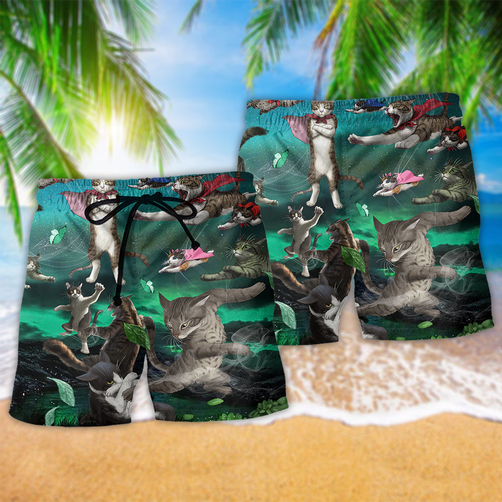 Epic Cat Battle Action Beach Shorts Pattern Detail For Island Trips And Relaxed Casual Style