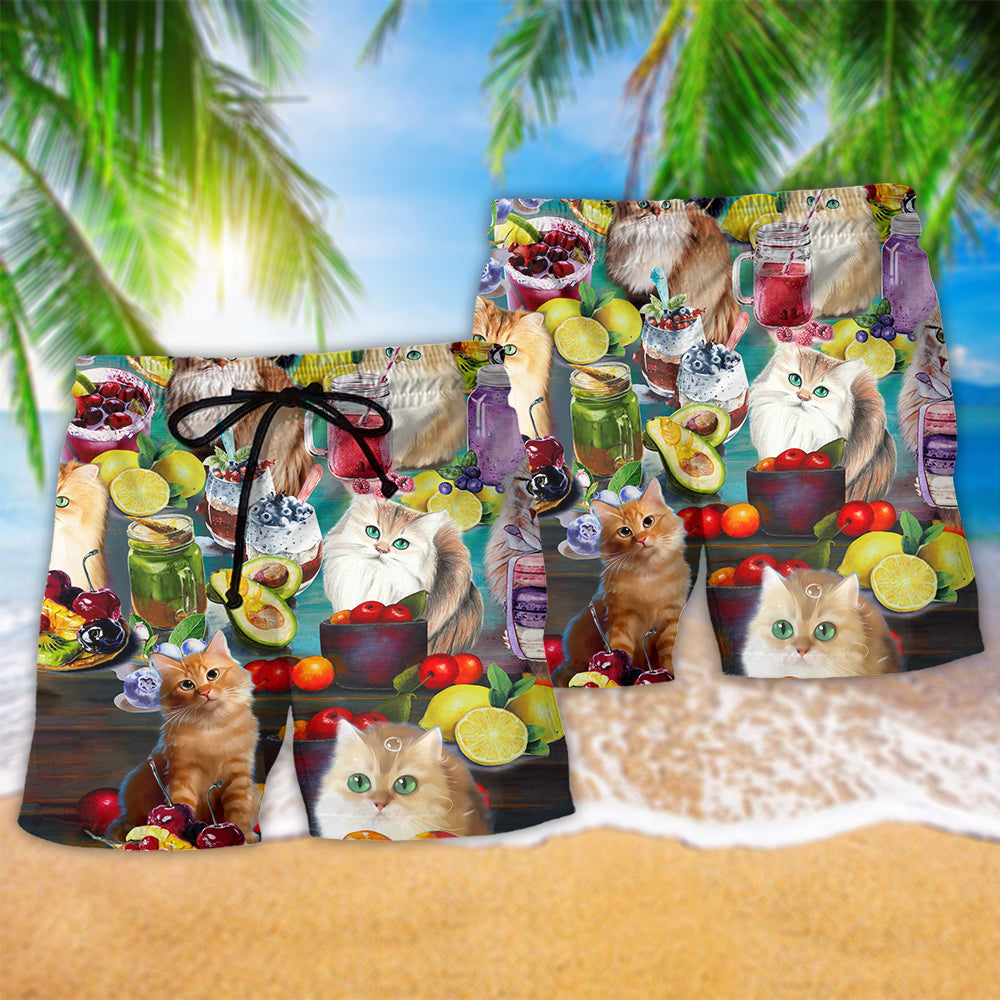 Fresh Cat Smoothie Fruit Fun Beach Shorts Artwork Detail For Tropical Travel And Everyday Wear