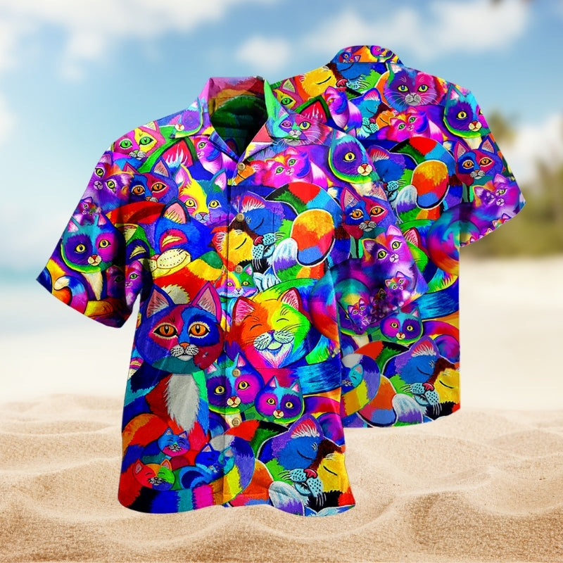Colorful Cat Full Rainbow Hawaiian Shirt For Beach Days, Summer Outings, And Thoughtful Gift Giving