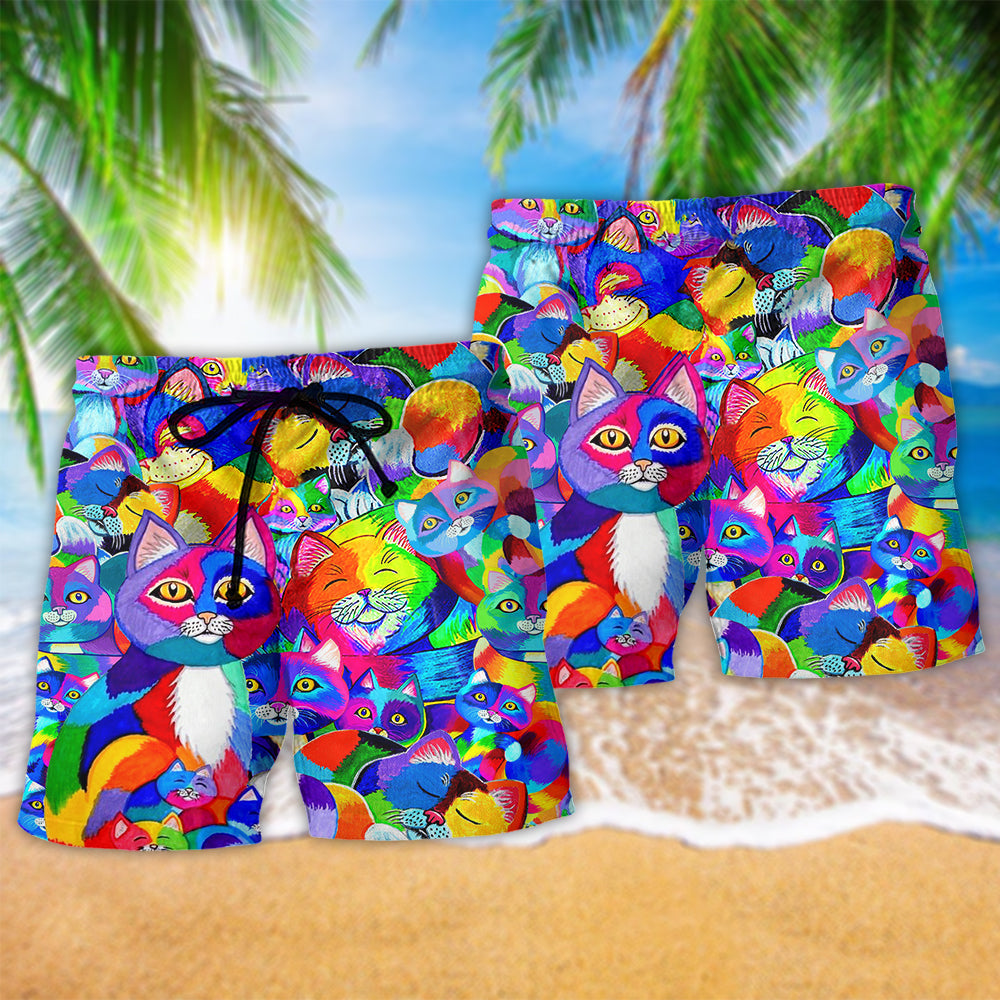 Cat Fullcolor Love Rainbow Hawaiian Print Beach Shorts For Rainbow Inspired Beach Days