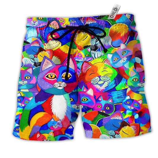 Cat Fullcolor Love Rainbow Hawaiian Print Beach Shorts For Colorful Summer Travel