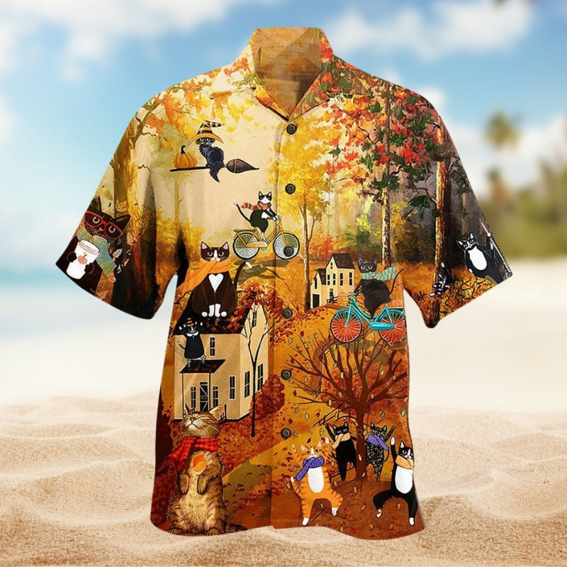 Autumn Cat Hawaiian Shirt For Tropical Holidays, Outdoor Gatherings, And Everyday Comfort