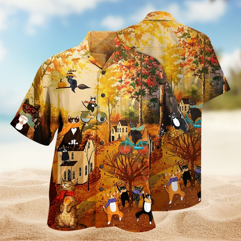 Autumn Cat Hawaiian Shirt For Tropical Holidays, Outdoor Gatherings, And Everyday Comfort