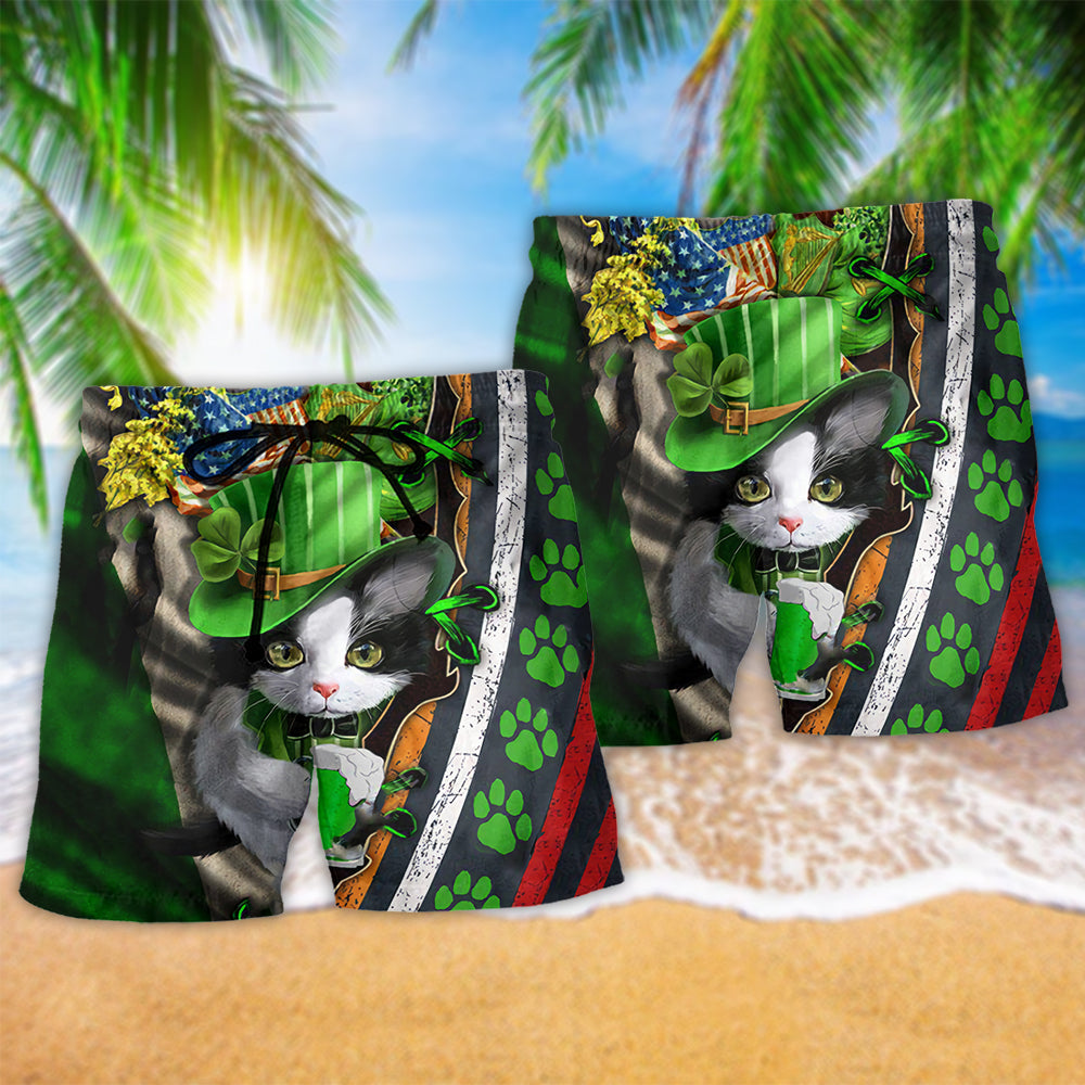 Irish Cat Party Beach Shorts Pattern Detail For Coastal Leisure And Flexible Everyday Wear
