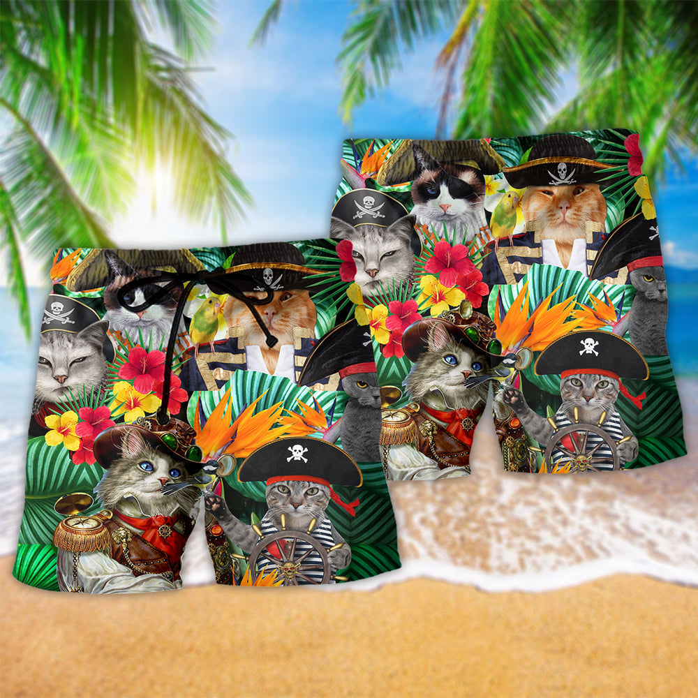 Pirate Cat Tropical Floral Beach Shorts Pattern Detail For Beachside Relaxation And Bright Summer Outfits