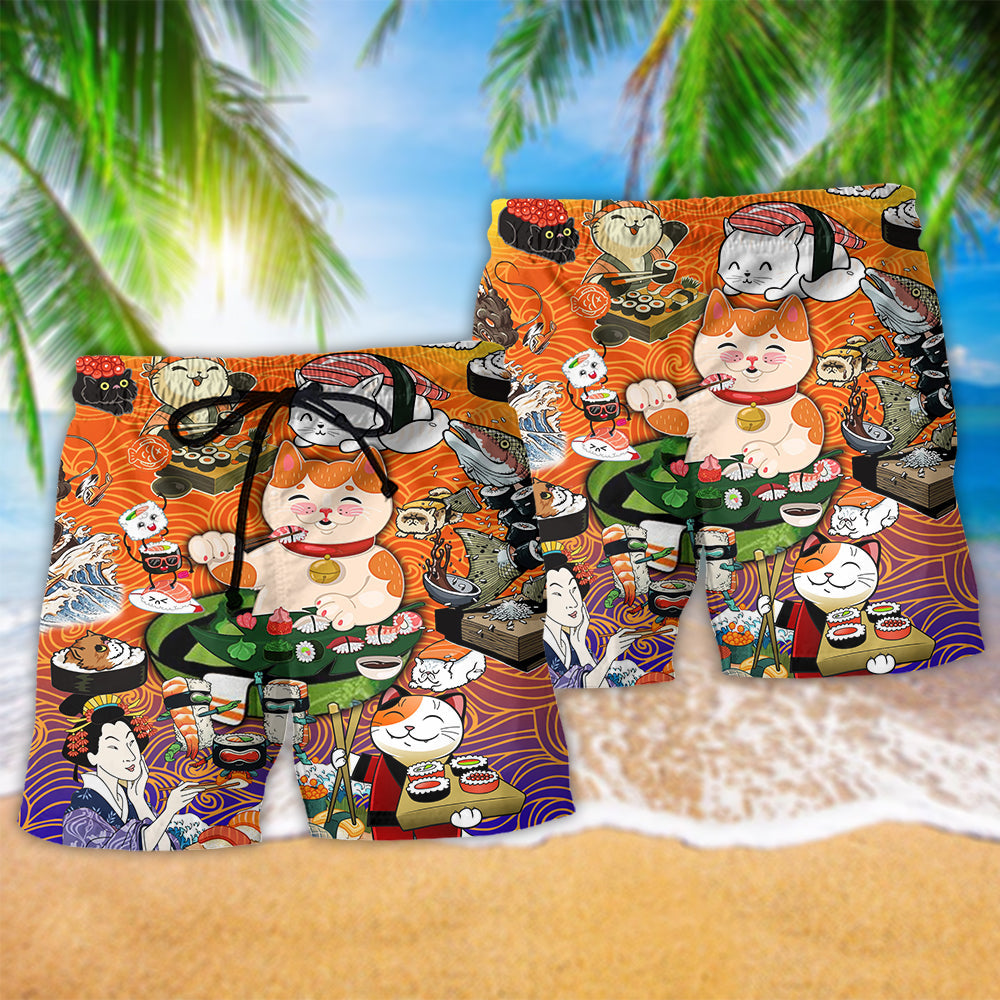 Cat Sushi Beach Shorts Pattern Detail For Leisure Travel And Distinctive Seasonal Style