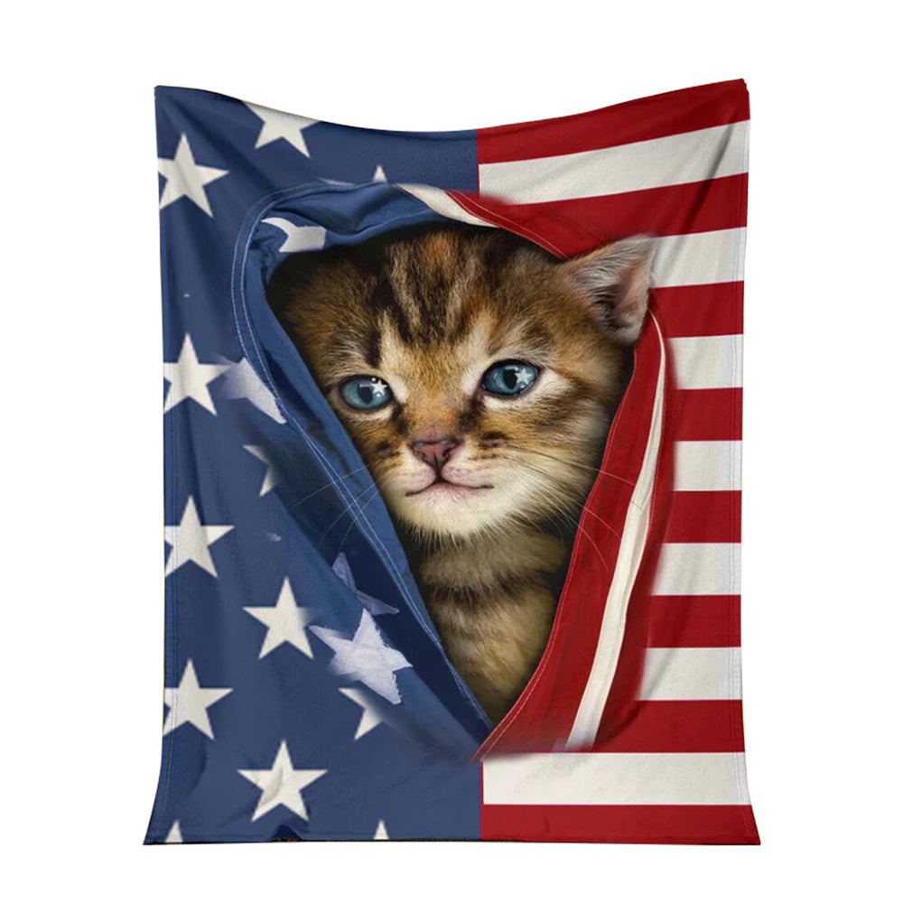 Cat Kitten Opened American Flag Flannel Blanket For Cozy Bedroom Sofa Decor