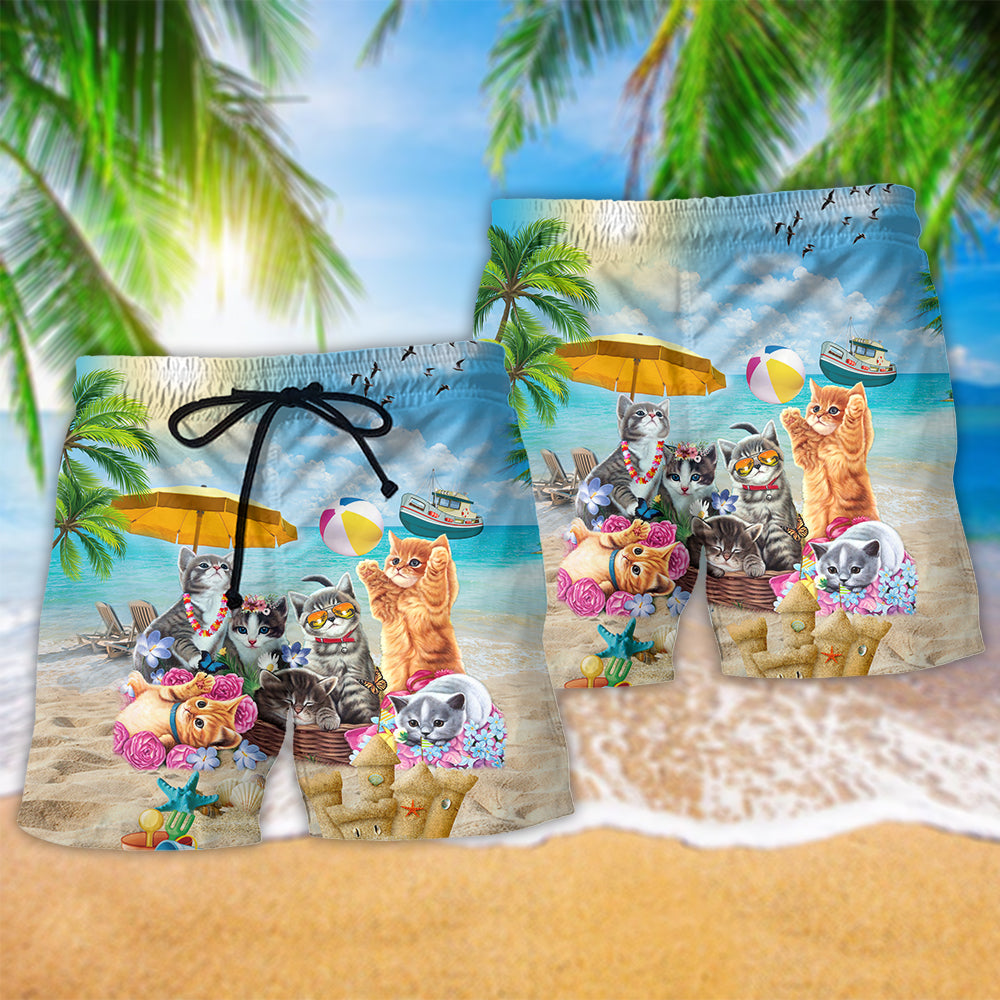 Cat Sunshine Beach Shorts Pattern Detail For Weekend Travel And Relaxed Casual Style