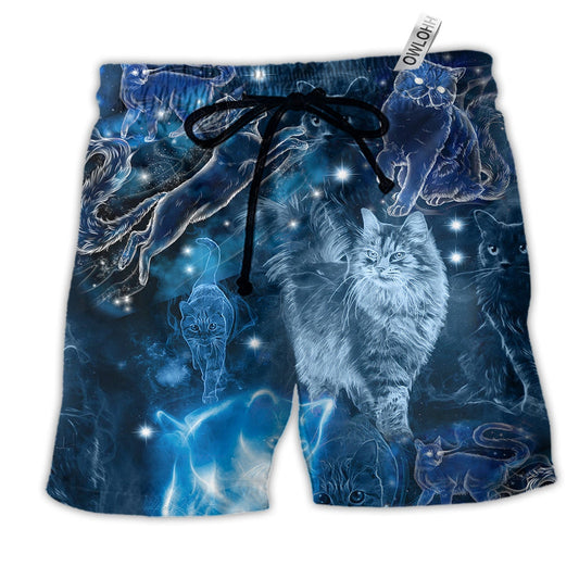Cat Love Blue Neon Hawaiian Print Beach Shorts For Wildlife Inspired Summer Style