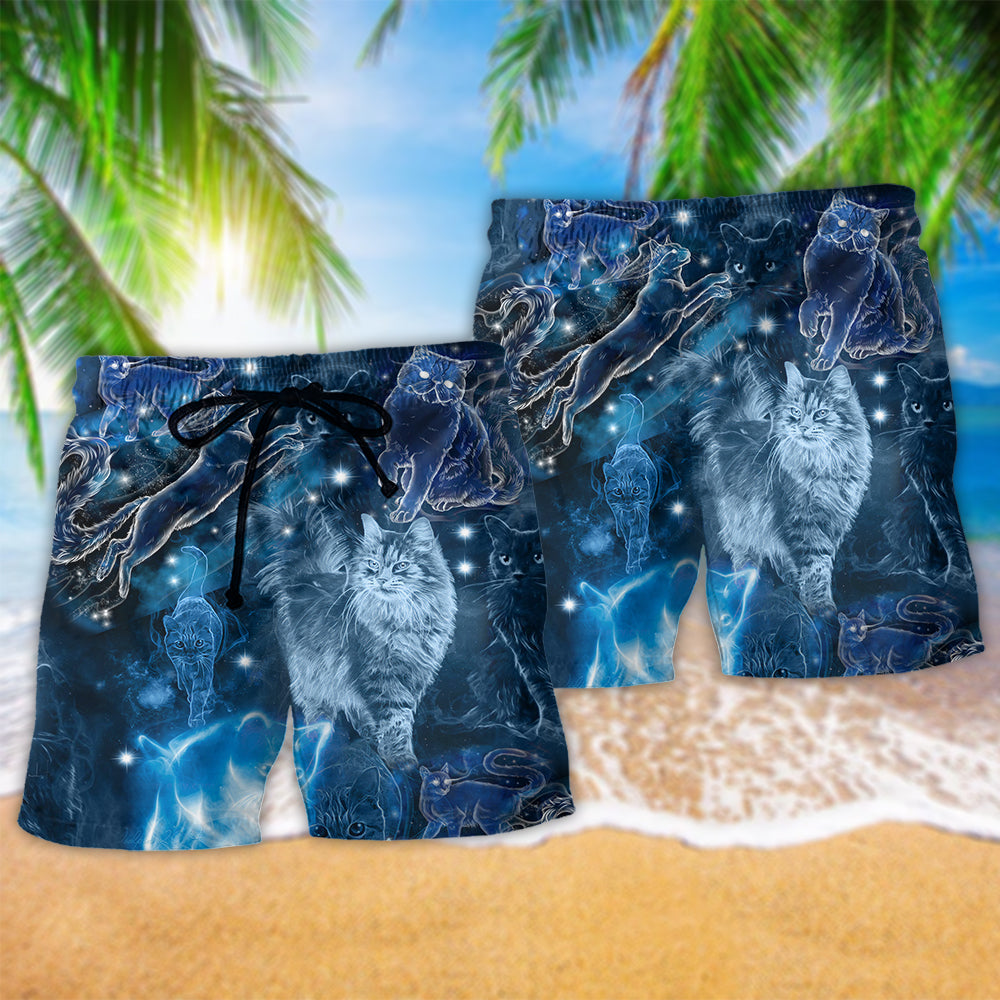 Blue Neon Cat Beach Shorts Pattern Detail For Casual Summer Plans And Comfortable Resort Style