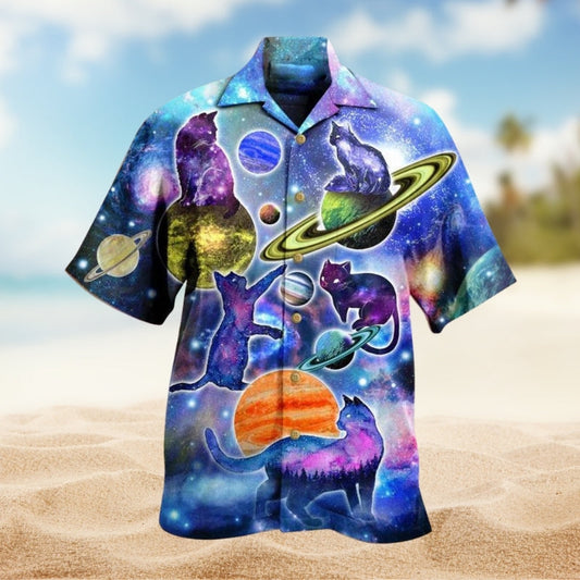 Colorful Galaxy Cat Hawaiian Shirt For Animal Lovers, Beach Travel, And Casual Summer Style
