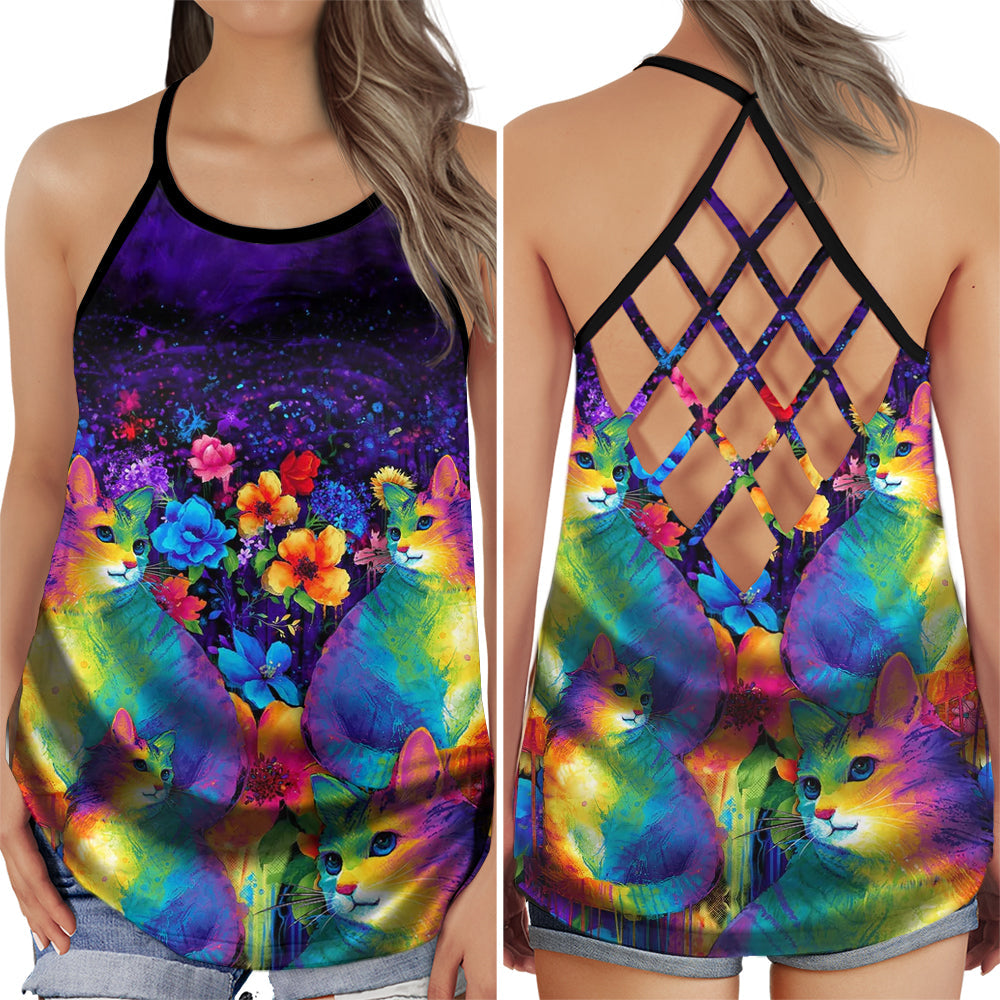 Cat Colorful Flower Summer Hollow Tank Top For Yoga Practice And Summer Outings